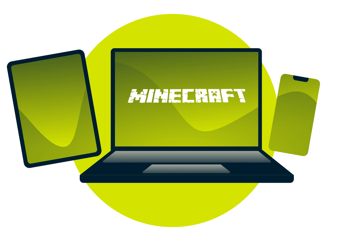 Erilaisia laitteita, joissa on Minecraftin logo.